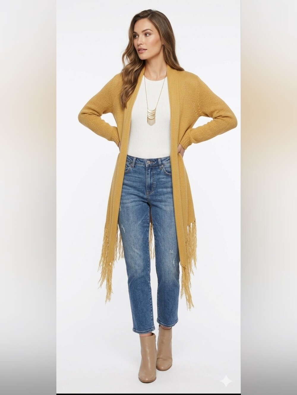 Material Girl Mustard Yellow Fringe Duster Cardigan L Large Good Condition